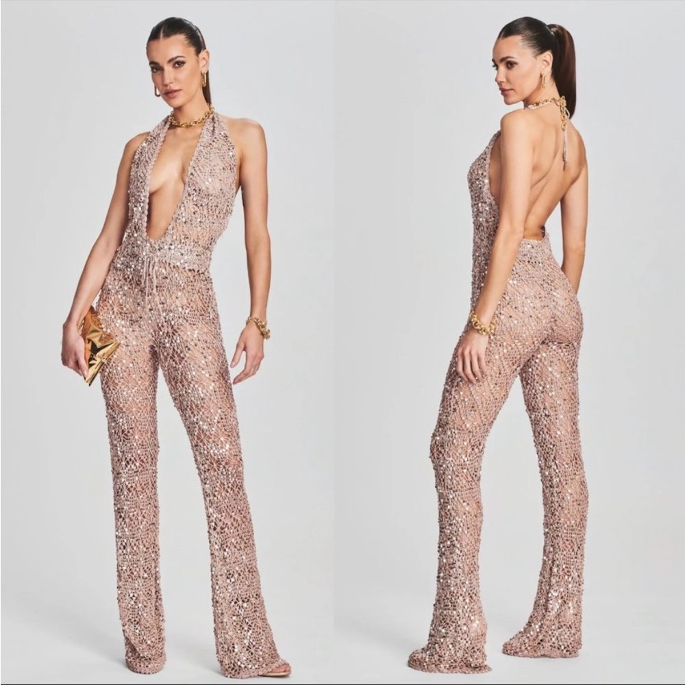 Retrofete Tosca Jumpsuit Rose Gold Sequin Halter Neck Plunging Neck Sheer Knit